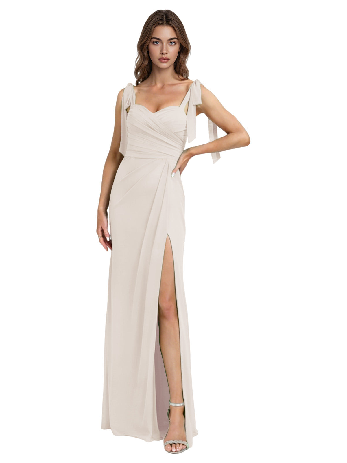 Ivory chiffon bridesmaid dress with square neck, tie straps, and high slit
