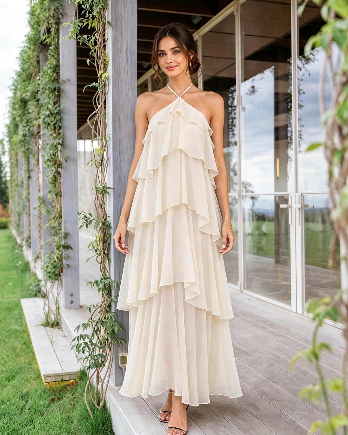 Cream halter-neck tiered chiffon bridesmaid dress with layered ruffle overlay
