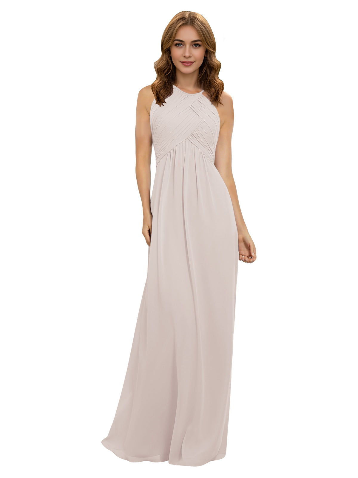 Light pink chiffon halter bridesmaid dress with twisted bodice and keyhole neckline