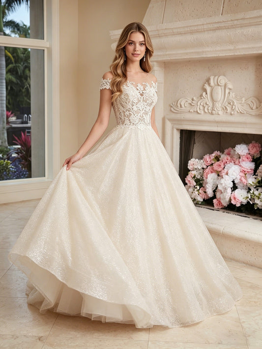 Off Shoulder Lace Tulle Ball Gown Wedding Dress with Sweetheart Neckline