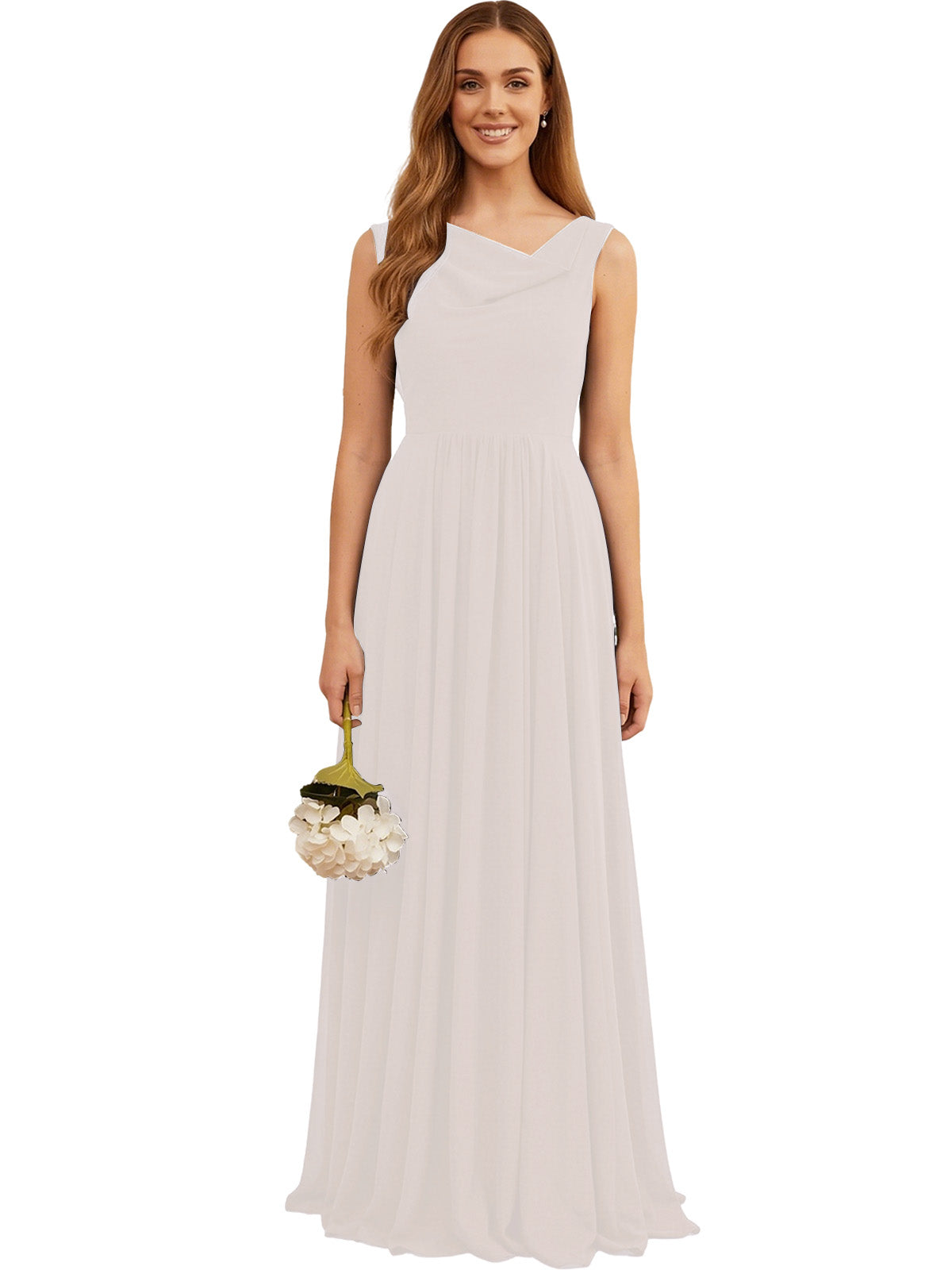 Light taupe chiffon bridesmaid dress, sleeveless V-neck with pleated full skirt