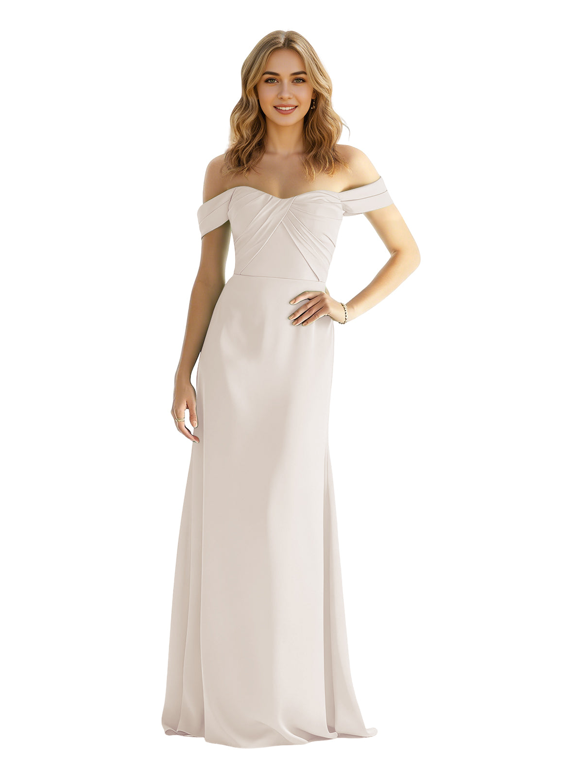 Off-shoulder satin bridesmaid dress with wrapped bodice and long skirt in pale cream.