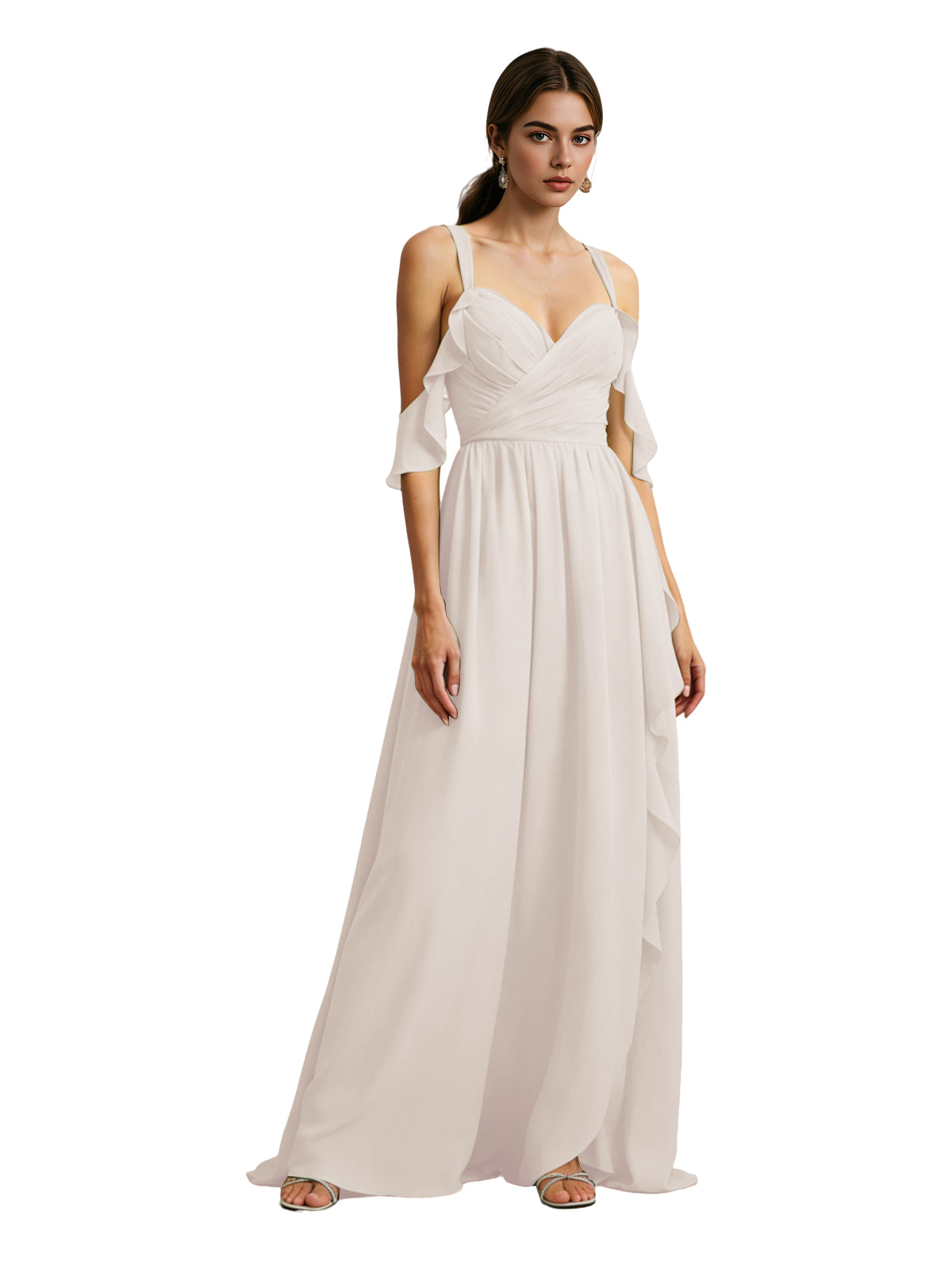 Ivory chiffon cold-shoulder bridesmaid dress with draped V-neck bodice, maxi skirt