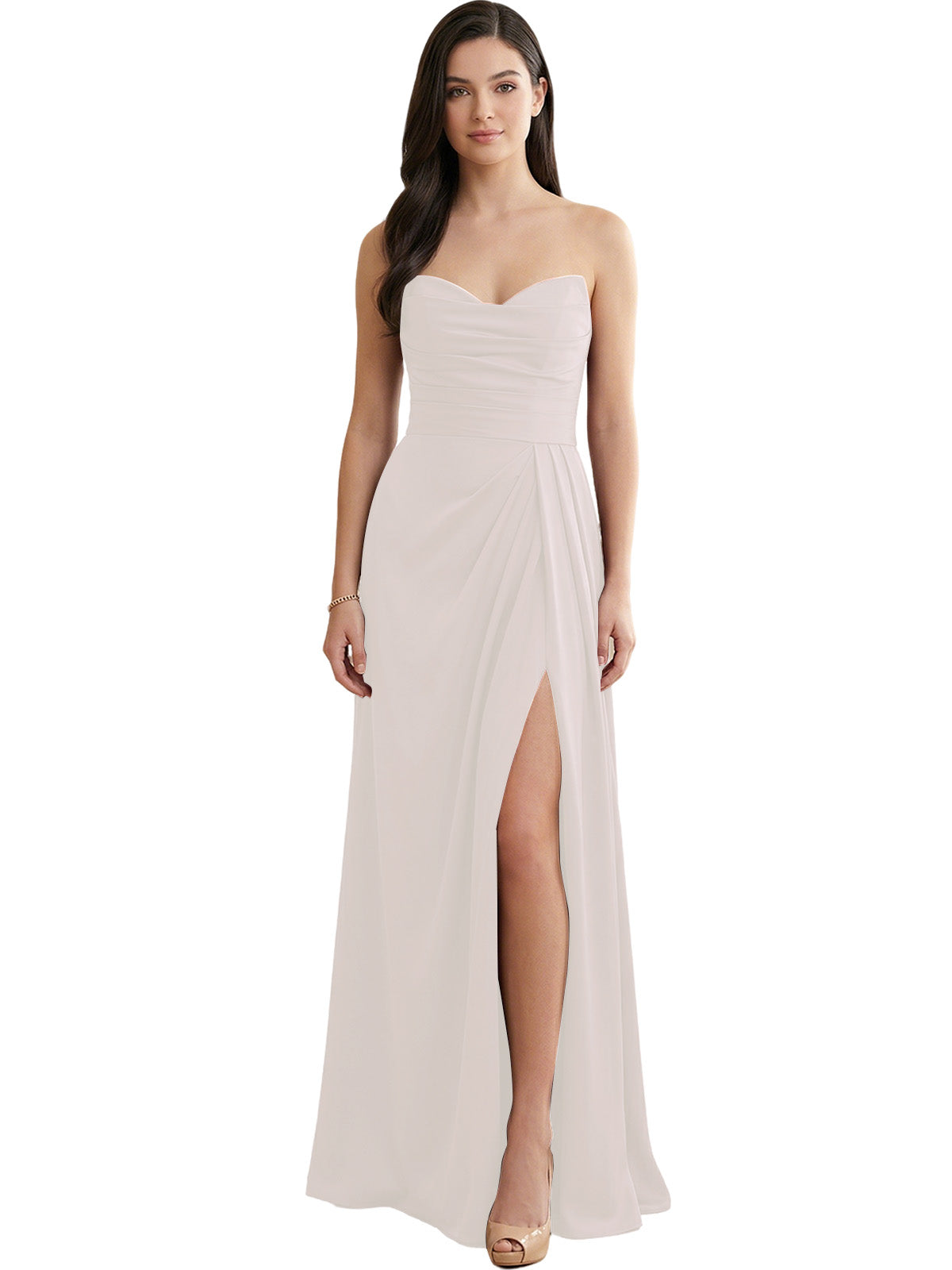 Ivory strapless satin bridesmaid dress with pleated bodice and side slit