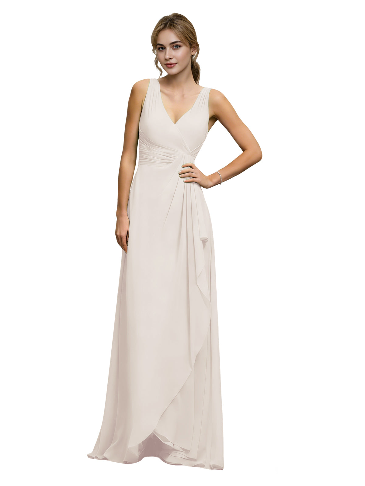 Halter V-neck chiffon bridesmaid dress with draped sash waist, light beige