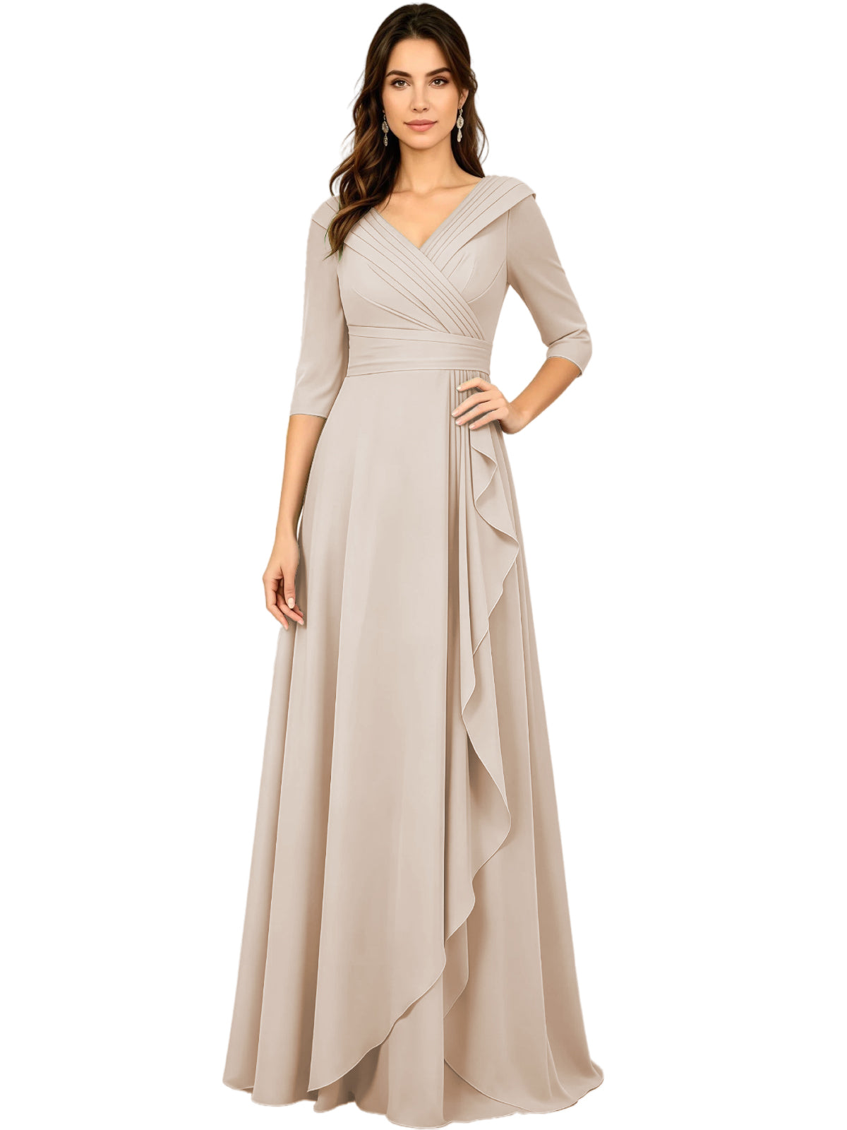 Taupe V-neck A-line mother of the bride dress with half sleeves and side ruffle detail.