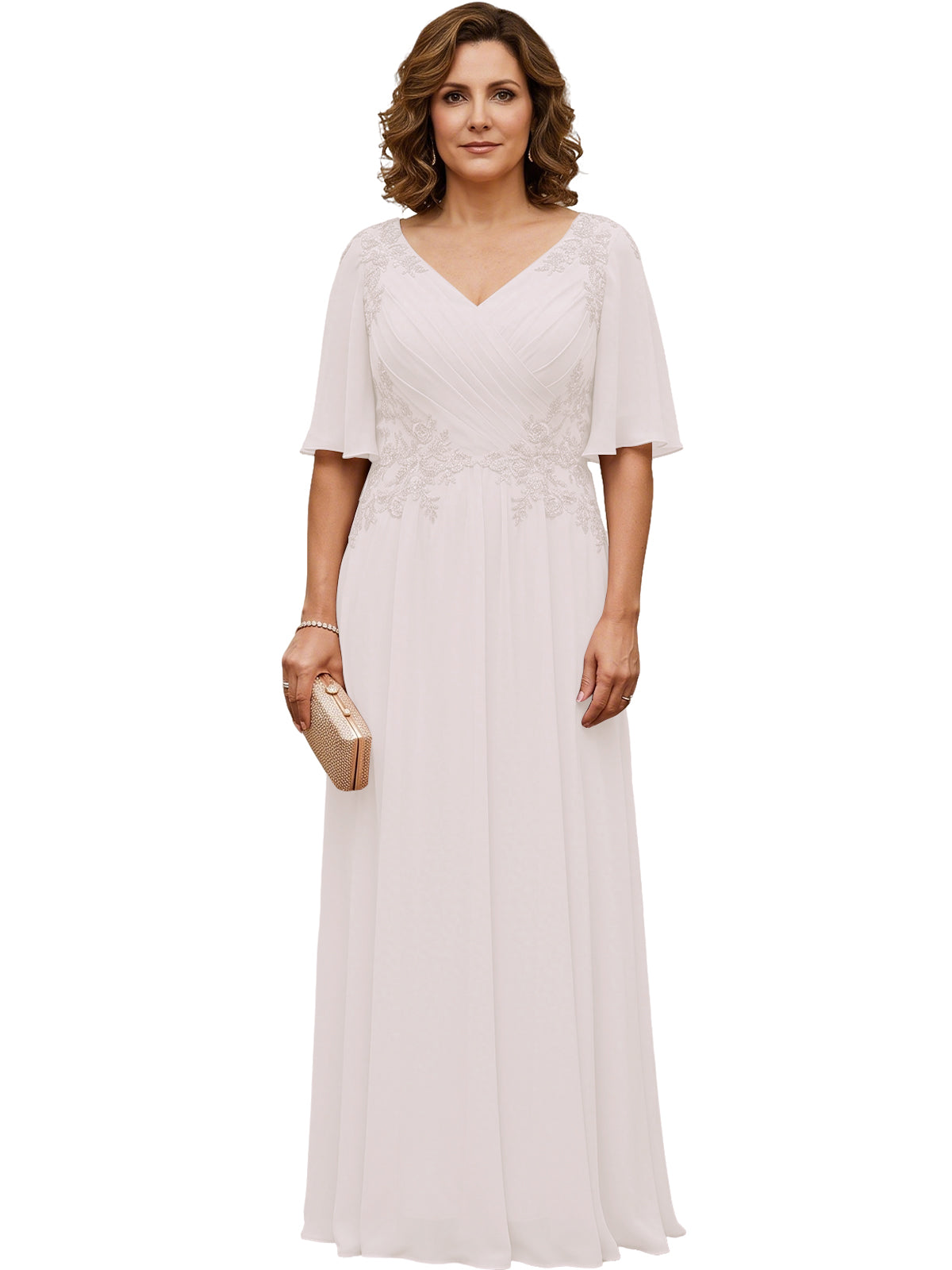 Light ivory long chiffon A-line gown with V-neck, flutter sleeves, and beaded lace detail