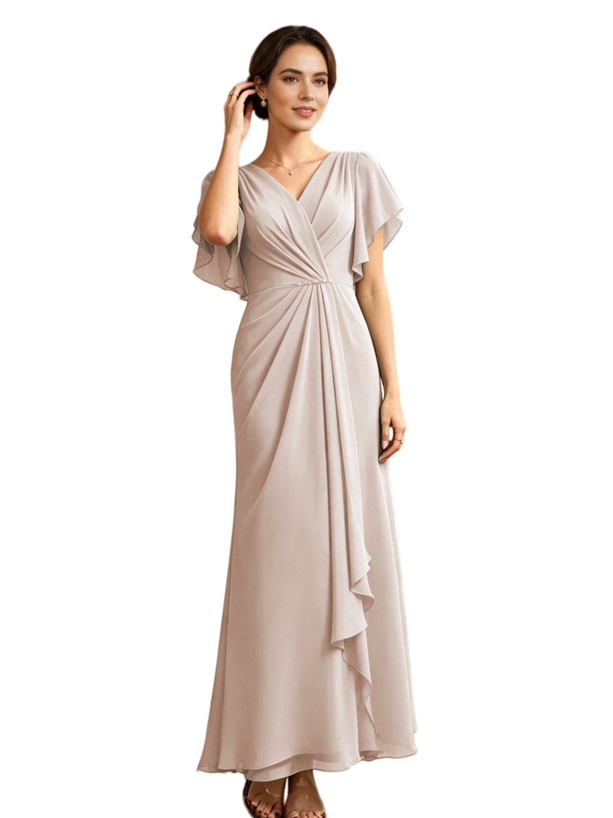 Beige chiffon V-neck mother-of-the-bride gown with flutter sleeves and draped waist