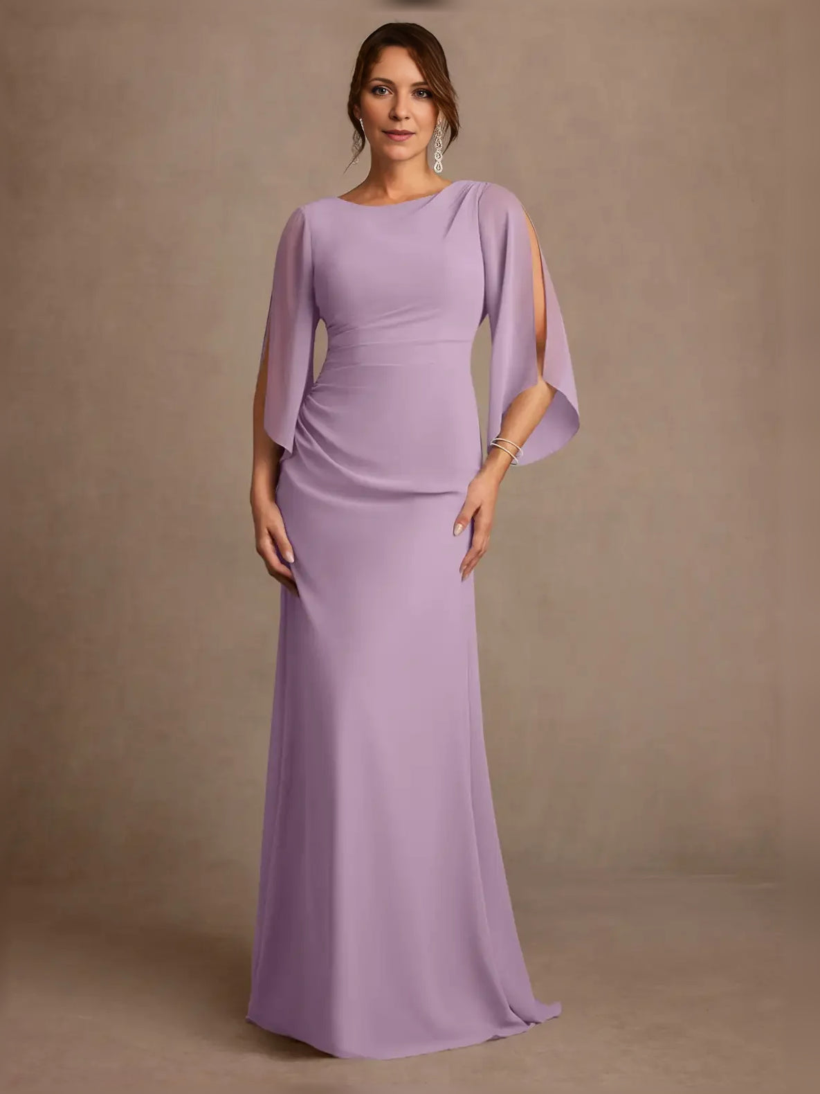 Draped boat-neck A-line chiffon mother-of-the-bride dress, lavender, floor length