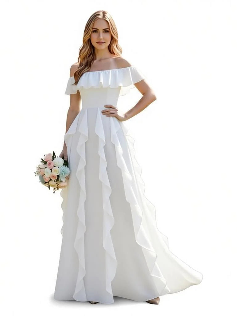 White off-shoulder layered ruffle A-line maxi chiffon dress