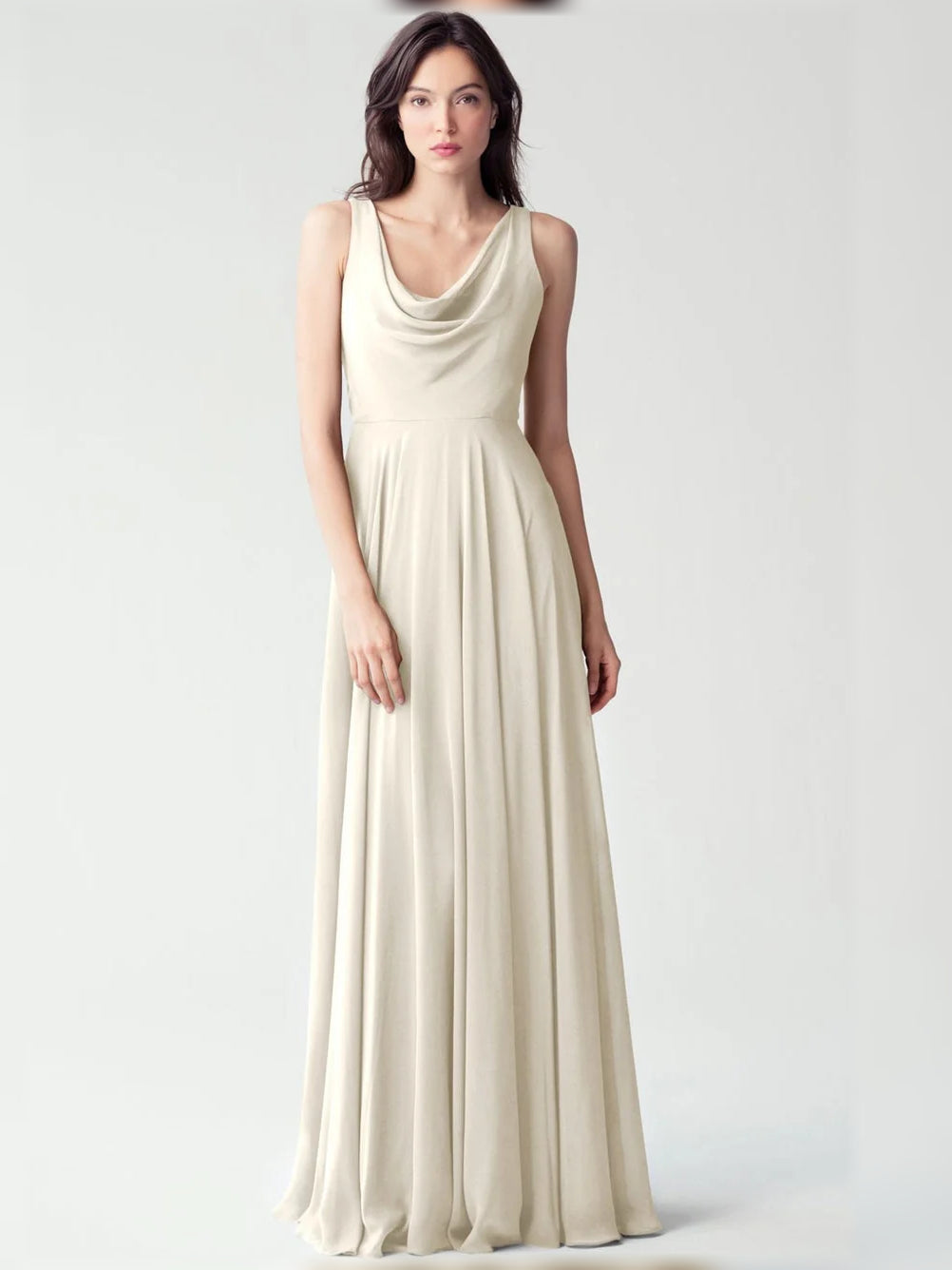 Cream cowl-neck chiffon A-line bridesmaid dress, sleeveless, floor length.