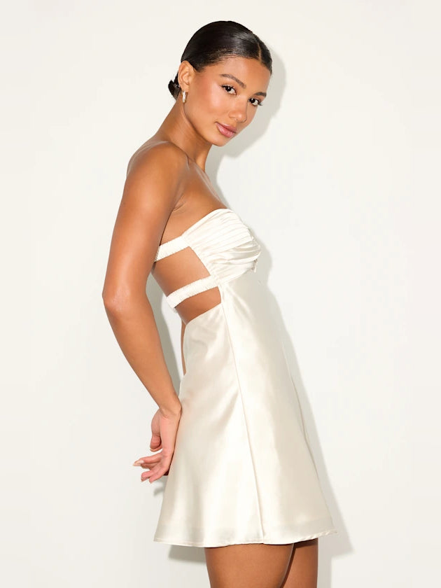 Cream satin mini dress with strapless pleated bust and draped waist detail