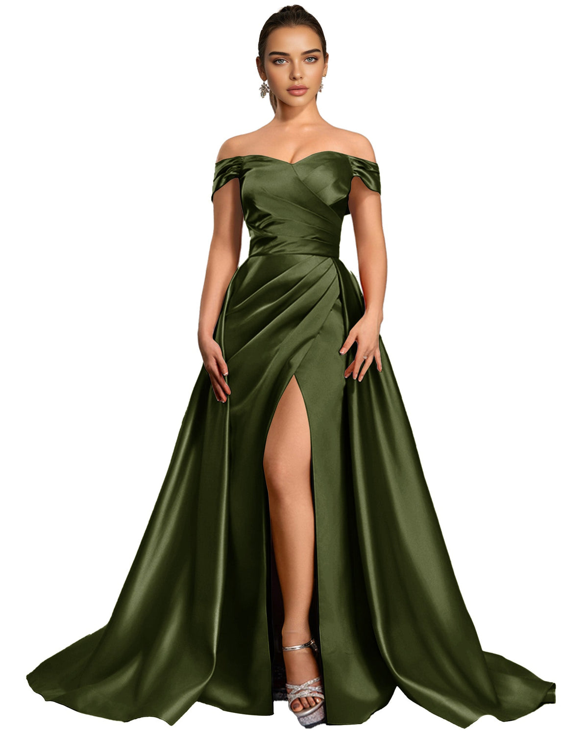 Dark green satin off-shoulder ball gown with draped bodice and front thigh slit