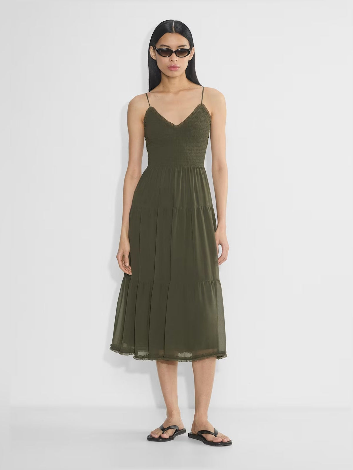 Olive V-neck tiered midi chiffon dress with layered hem and spaghetti straps
