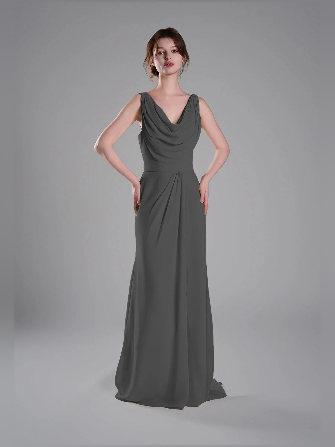 Dark gray cowl-neck sheath maxi dress with sleeveless draped bodice