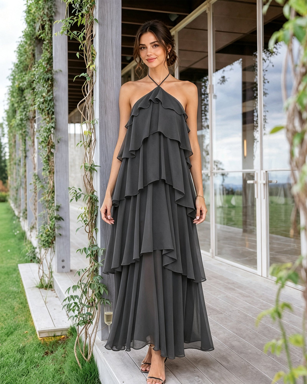 Charcoal gray halter-neck tiered chiffon bridesmaid dress with ruffle overlay tiers