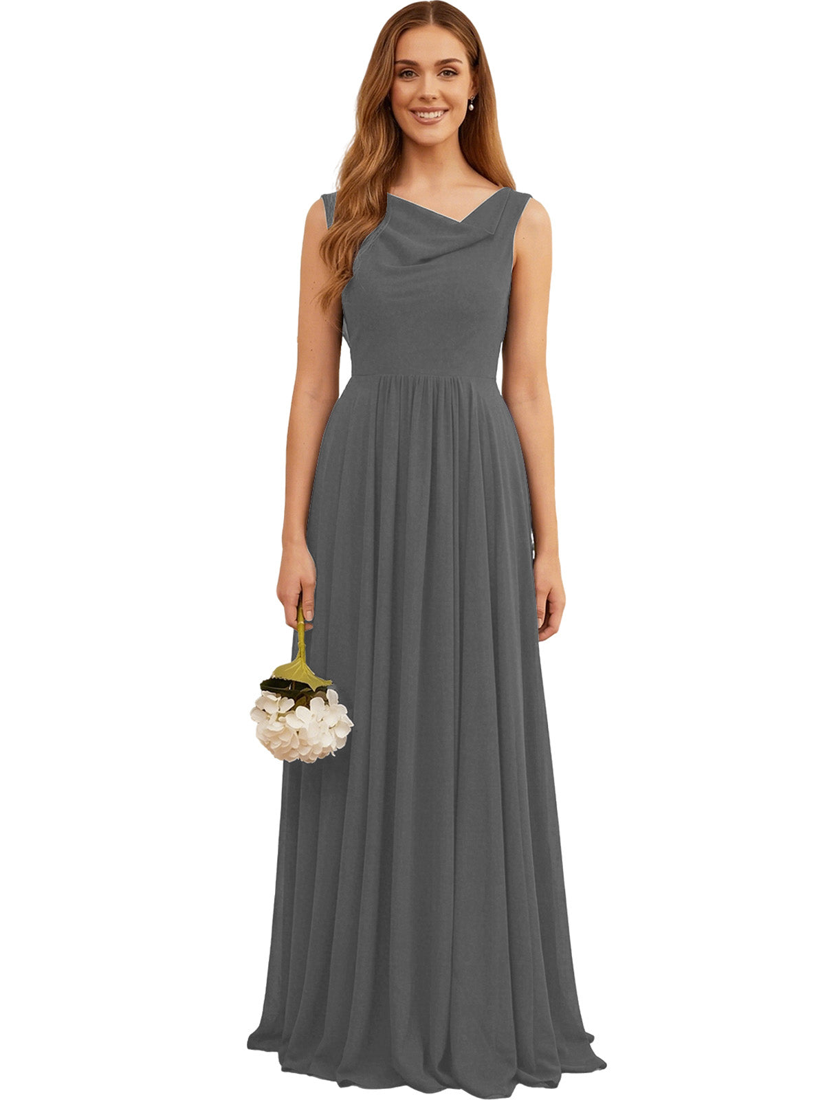 Gray chiffon bridesmaid dress, sleeveless V-neck with pleated full skirt