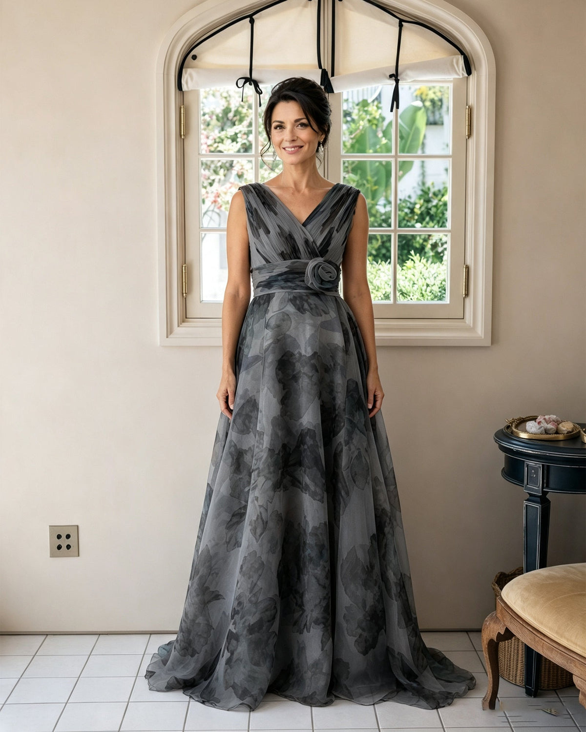 Floral chiffon V-neck mother of the bride dress with rosette sash, sleeveless, dark gray.