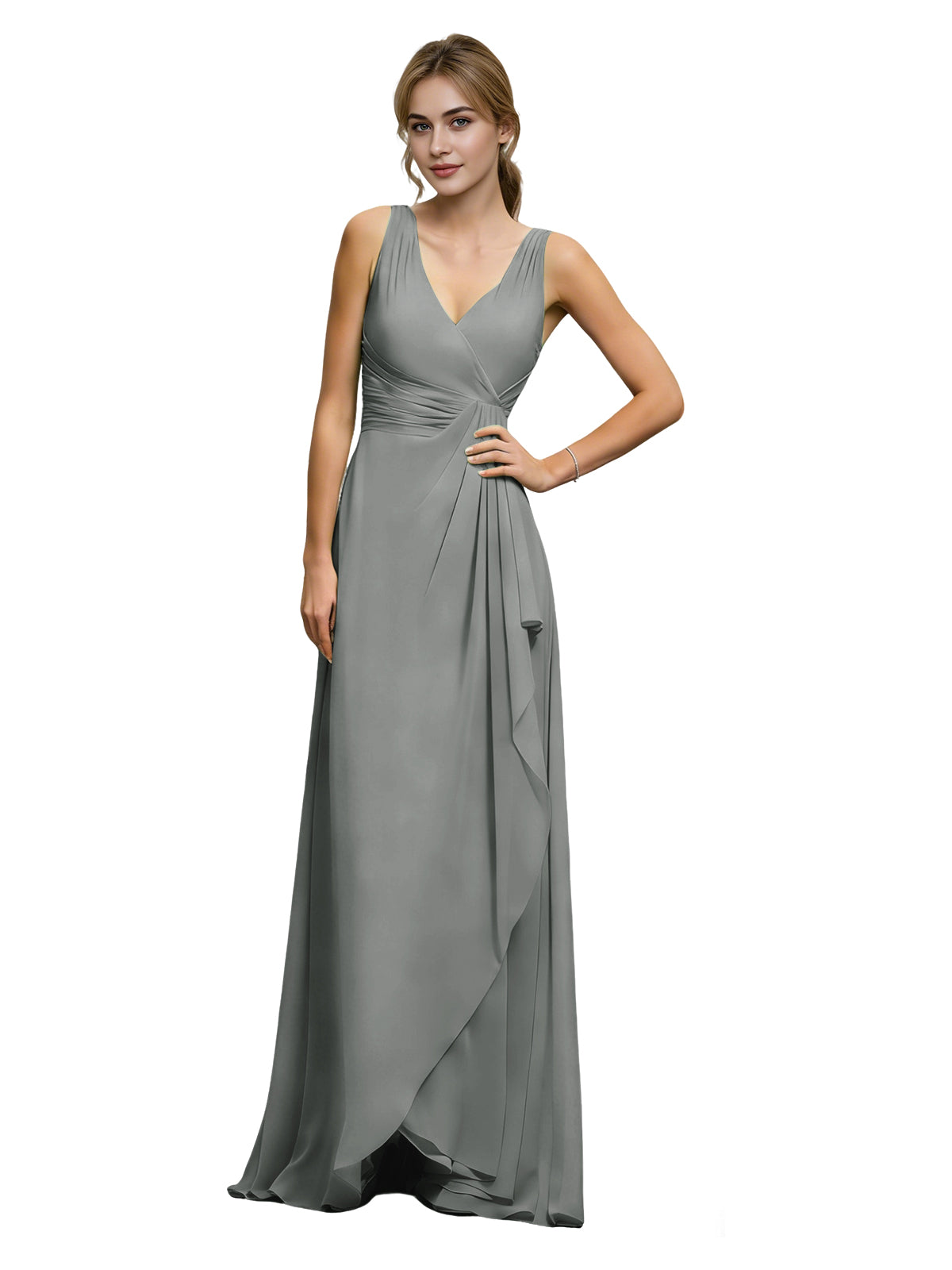 Halter V-neck chiffon bridesmaid dress with draped sash waist, grey