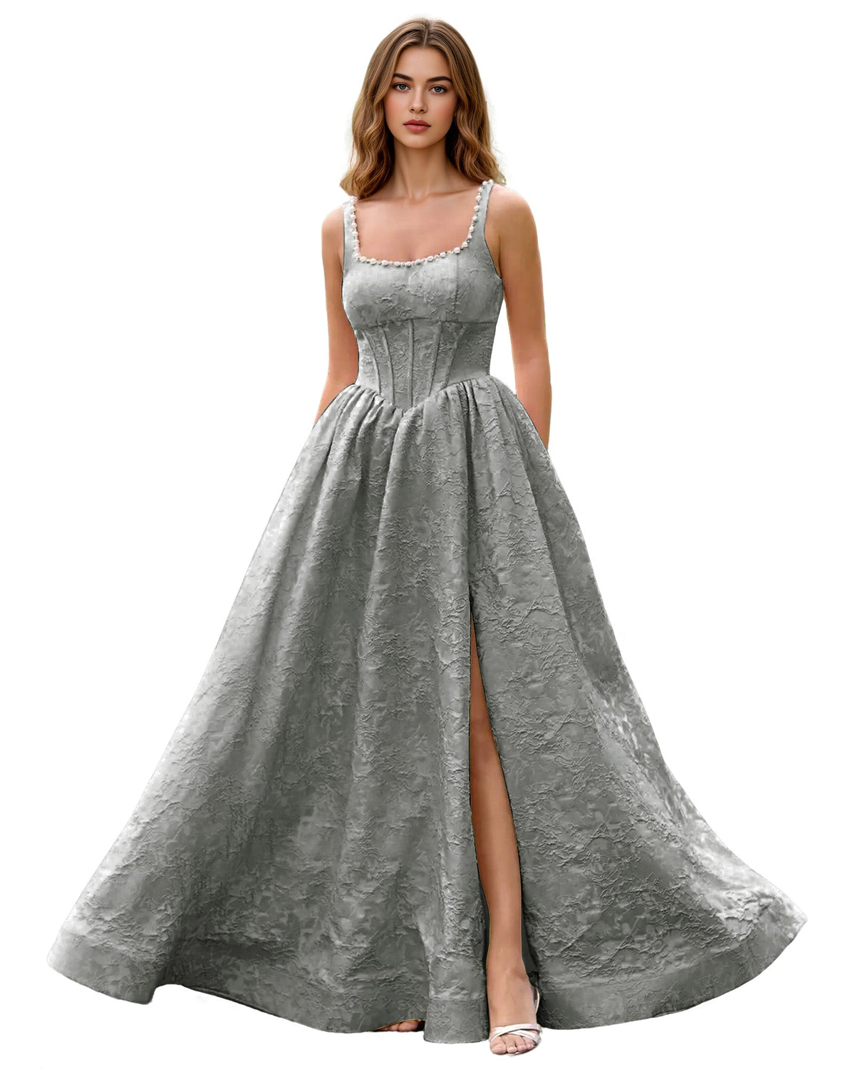 Light gray jacquard ball gown with square neckline, wide straps, fitted bodice, full skirt slit