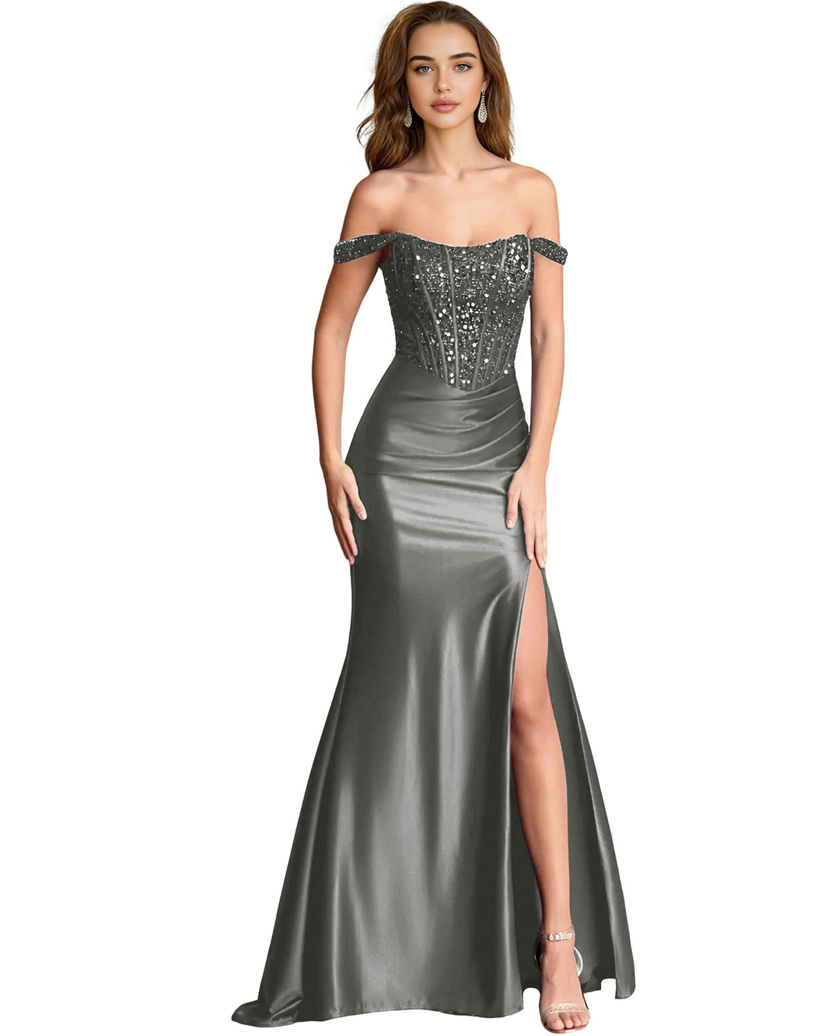 Light gray off-shoulder sequin satin mermaid dress with draped bodice and slit