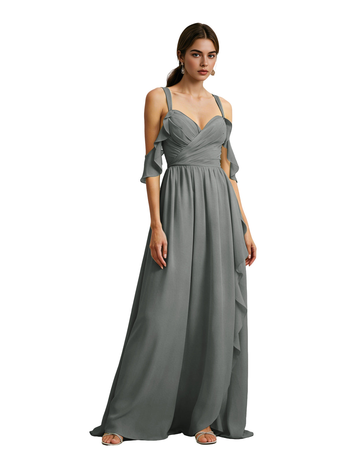 Charcoal gray chiffon cold-shoulder bridesmaid dress with draped V-neck bodice