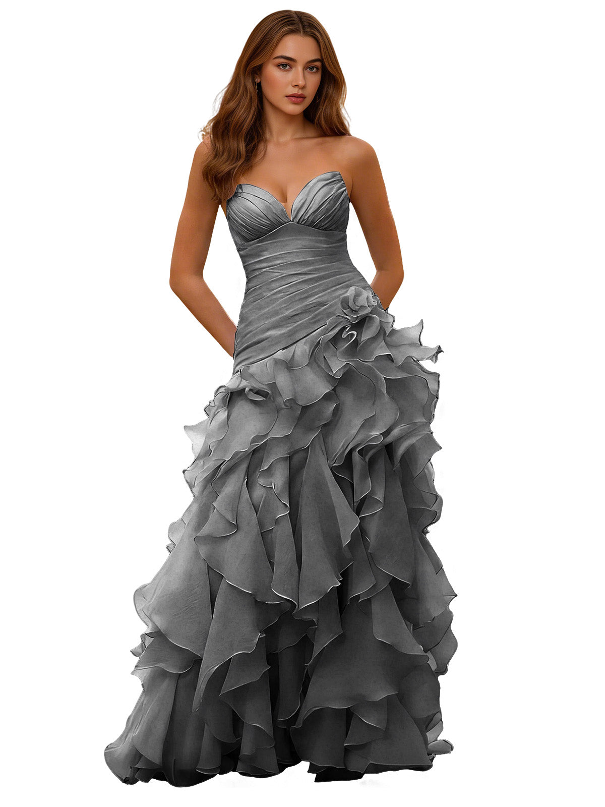 Strapless ruffle ball gown with draped corset bodice, dark gray layered skirt.
