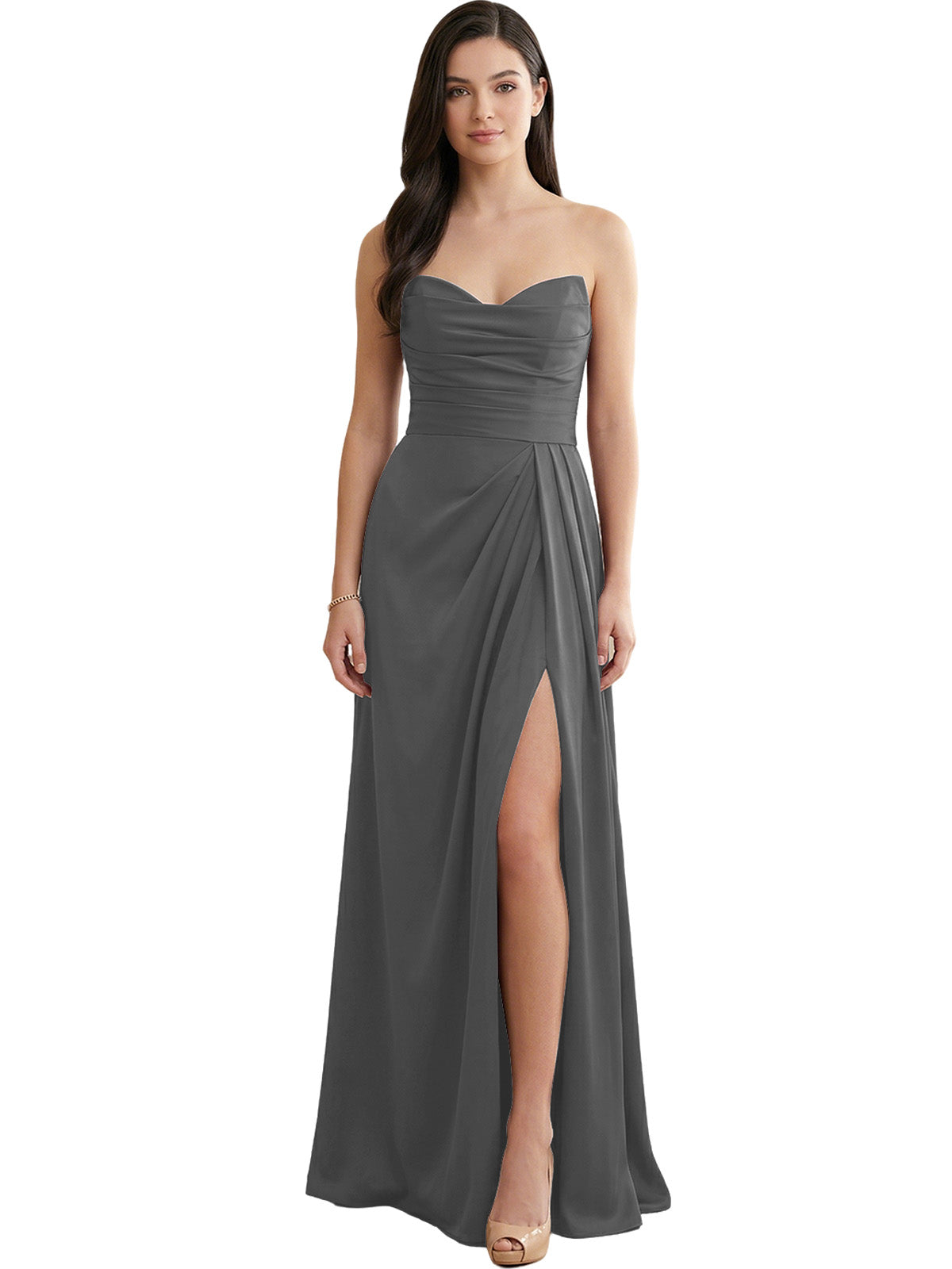 Dark gray strapless satin bridesmaid dress with pleated bodice and side slit