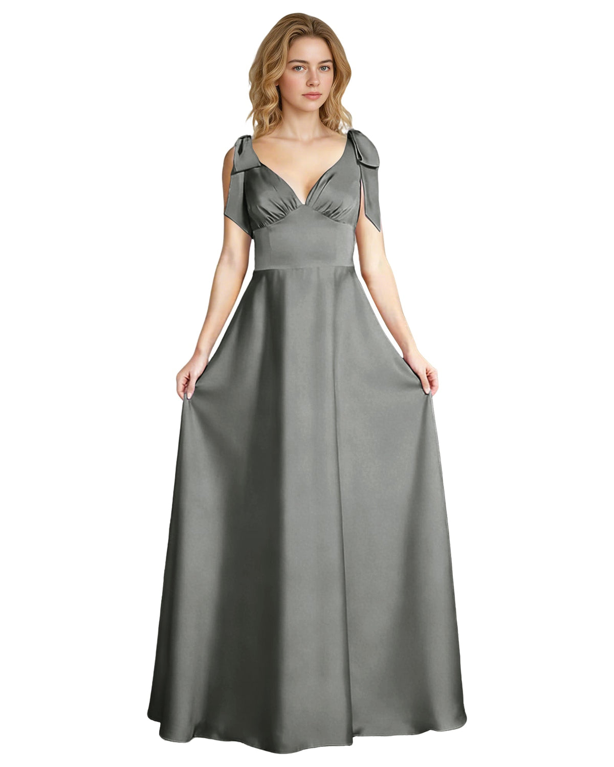 Gray satin V-neck bridesmaid dress with bow shoulder straps, empire waist, full skirt.