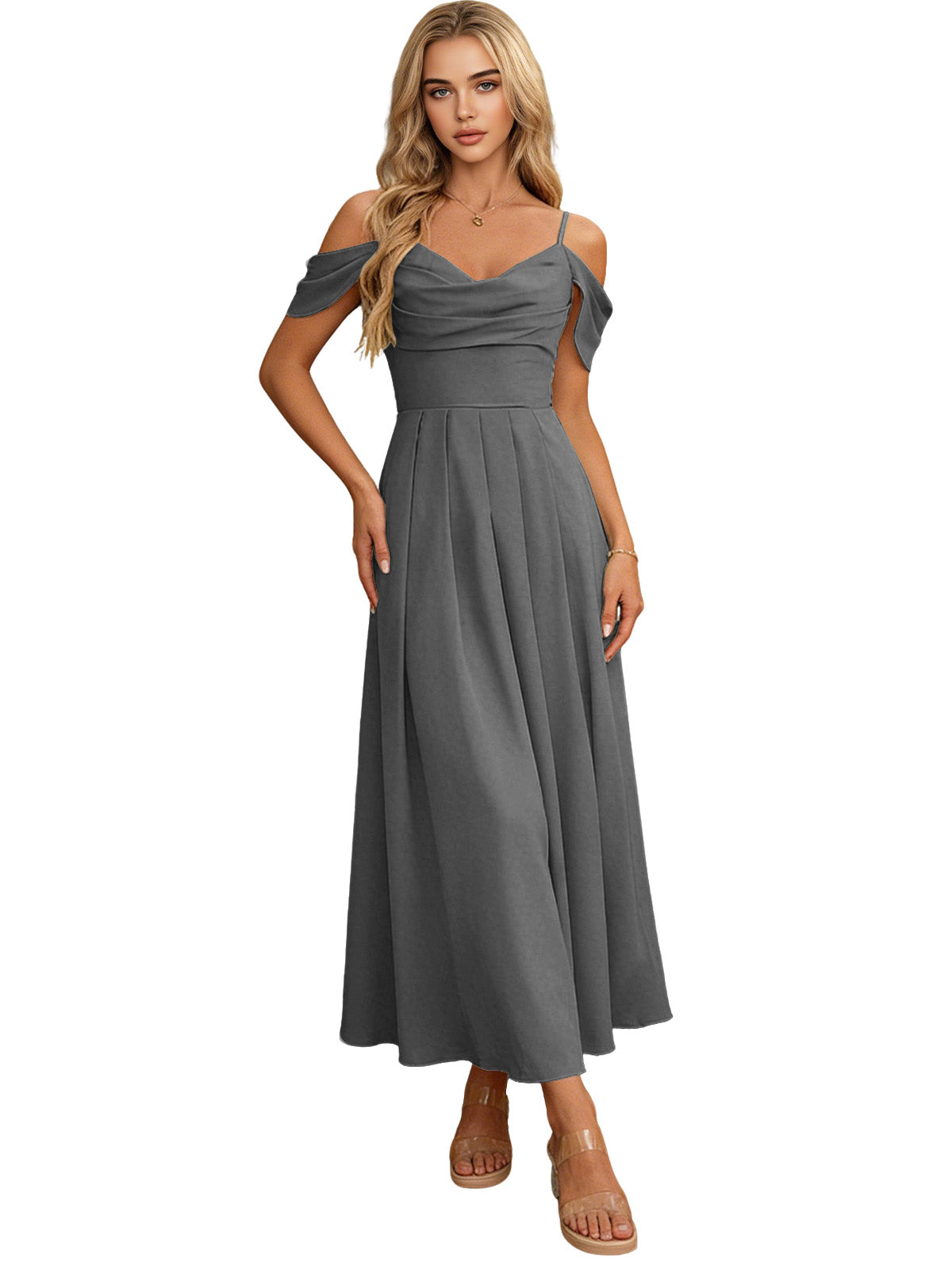 Gray off-shoulder midi bridesmaid dress with pleated bodice and flowing skirt