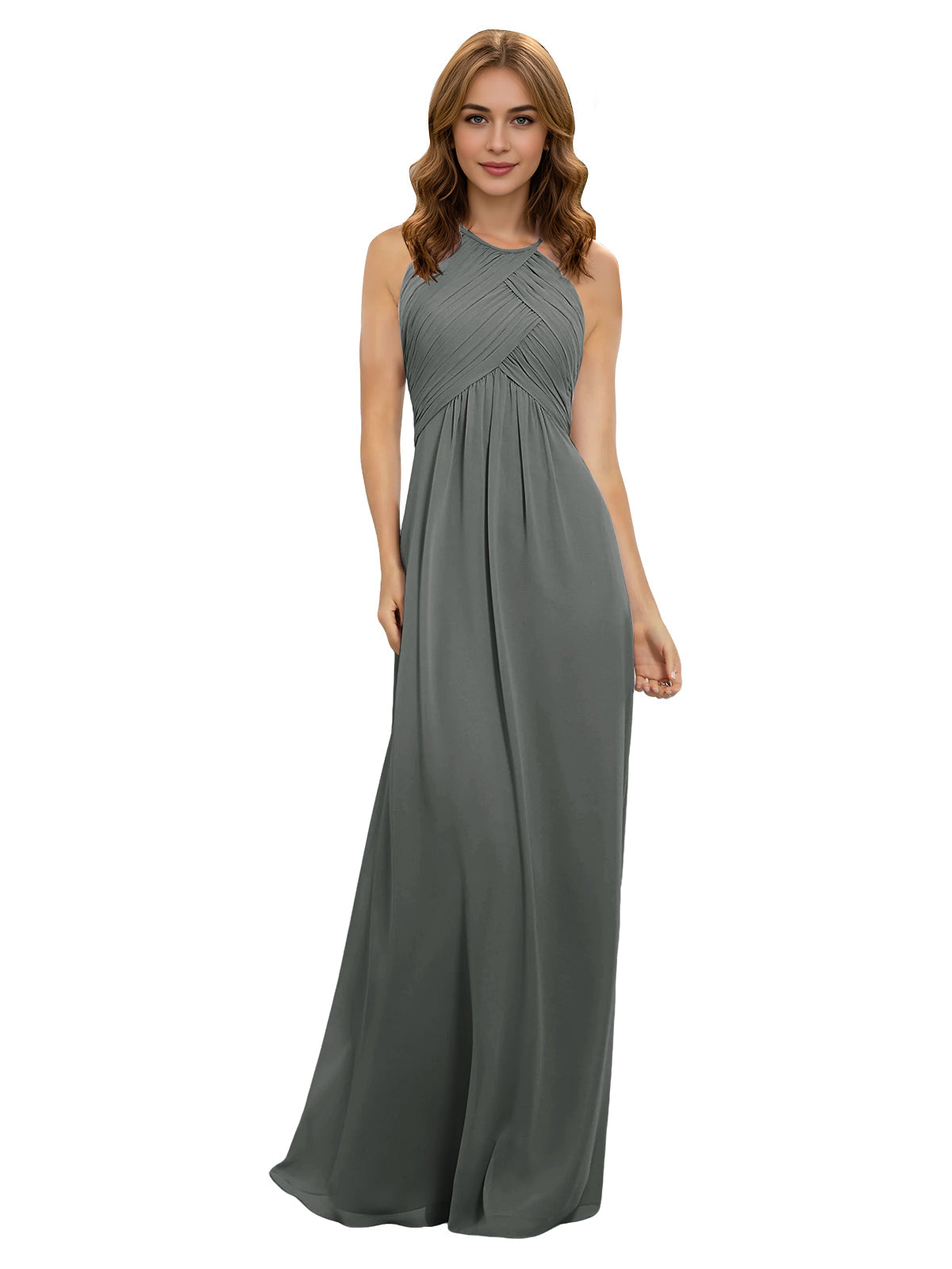 Gray-blue chiffon halter bridesmaid dress with twisted bodice and keyhole neckline