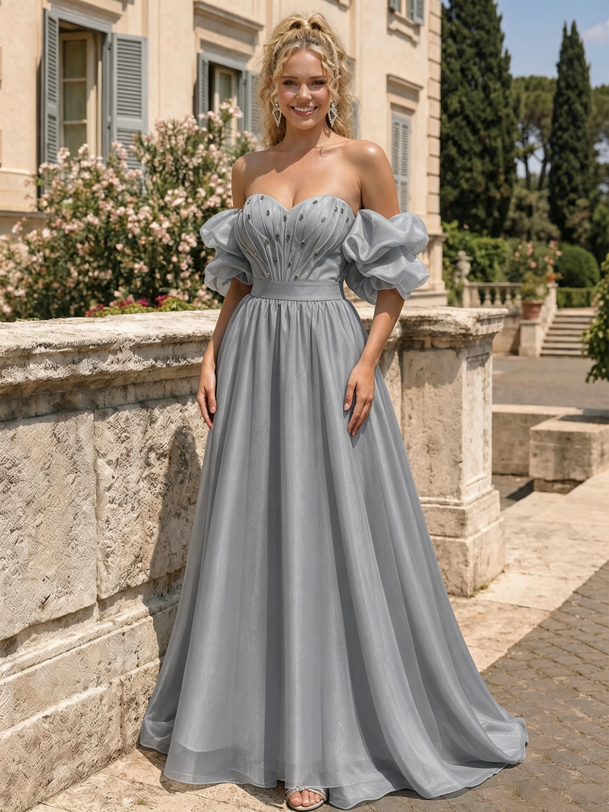 Grey off-shoulder sweetheart A-line prom dress with puff sleeves and gathered corset bodice