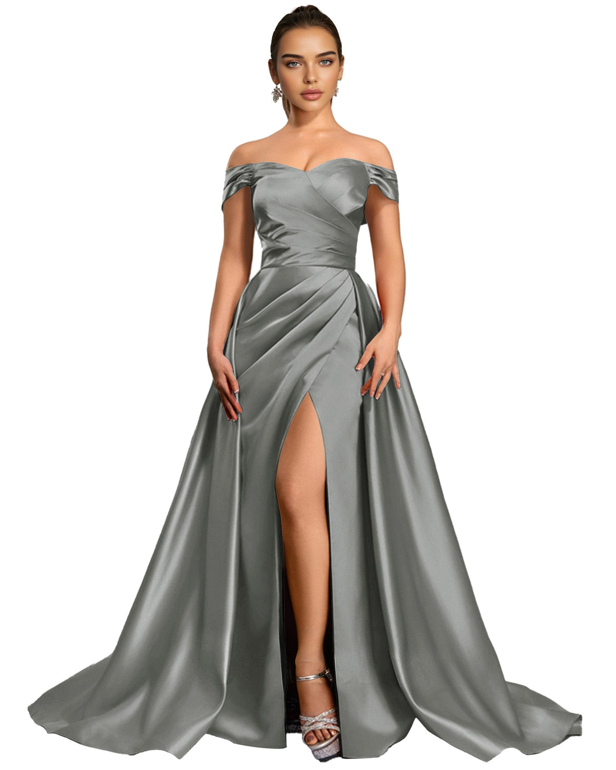 Silver satin off-shoulder ball gown with draped bodice and front thigh slit