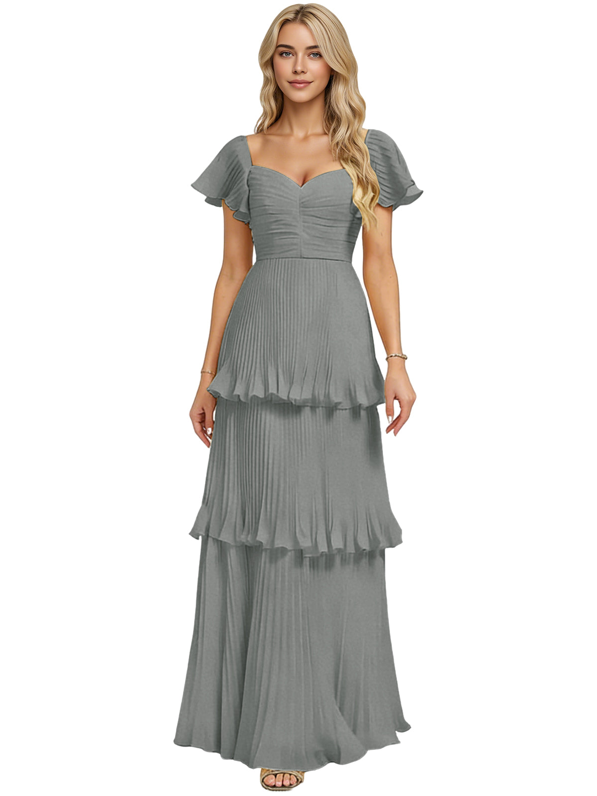 Slate gray chiffon bridesmaid dress with sweetheart neckline and tiered ruffle layers