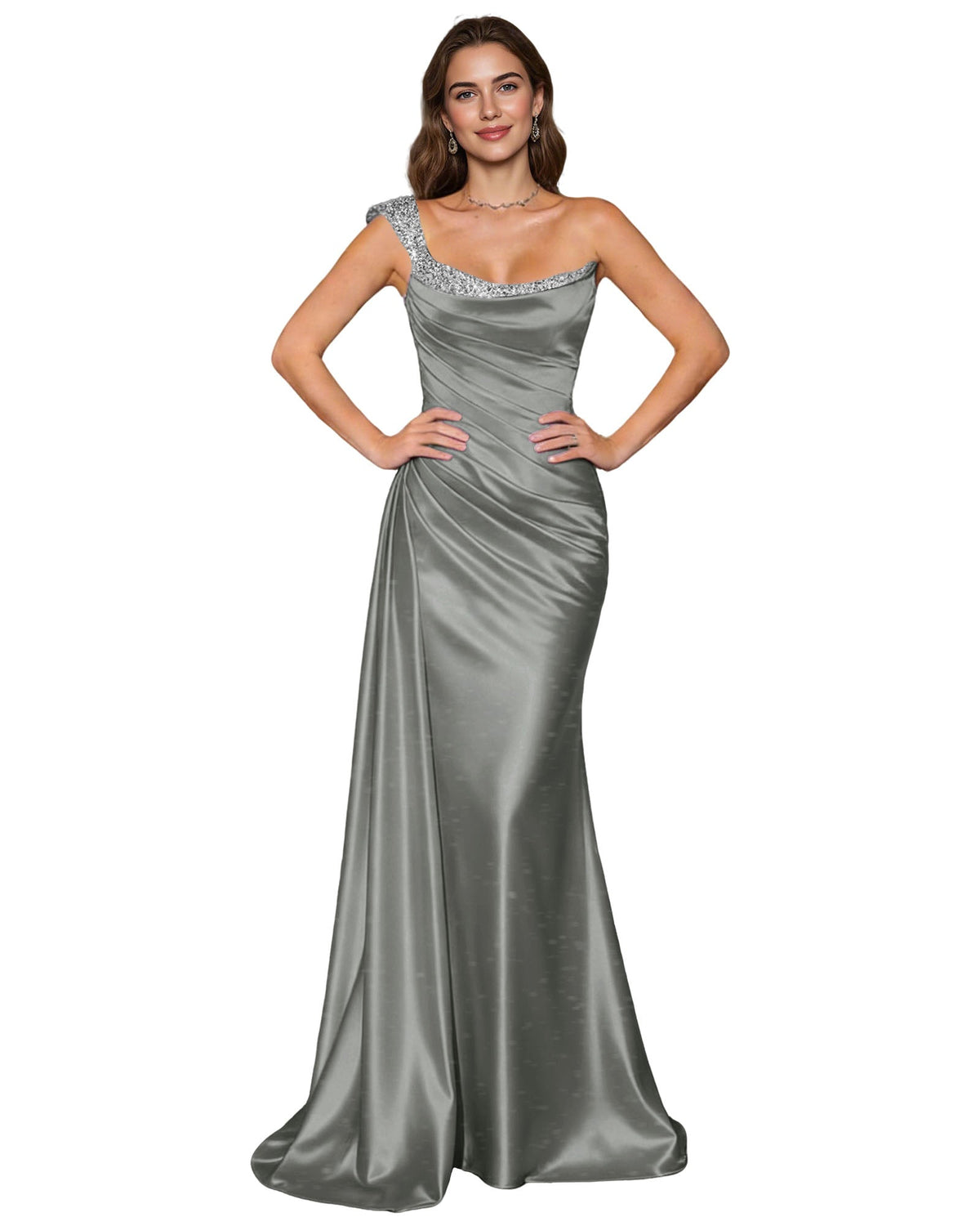 Gray silver satin mermaid prom dress with draped cowl neckline and rhinestone spaghetti straps