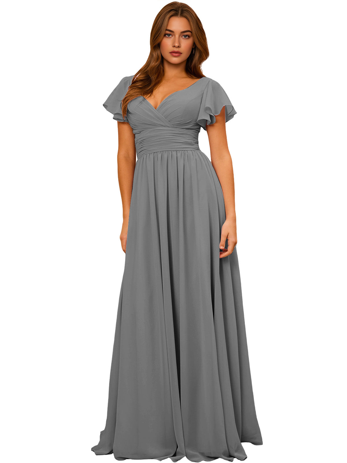 Gray V-neck chiffon bridesmaid dress with flutter sleeves and empire waist