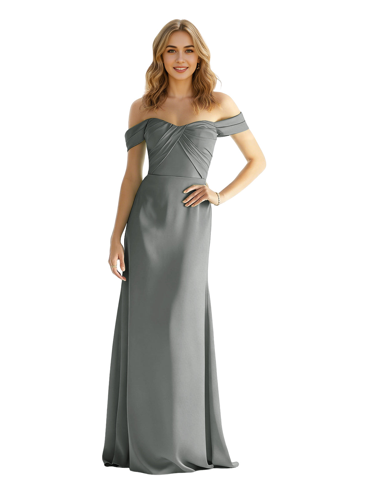 Off-shoulder satin bridesmaid dress with wrapped bodice, floor-length skirt in slate gray.