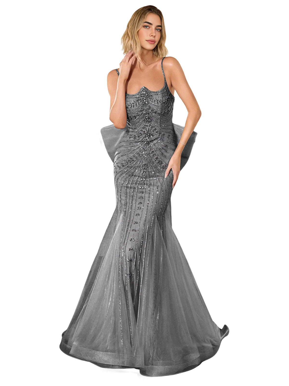 Gray strapless lace trumpet prom dress with corset back and sweep train