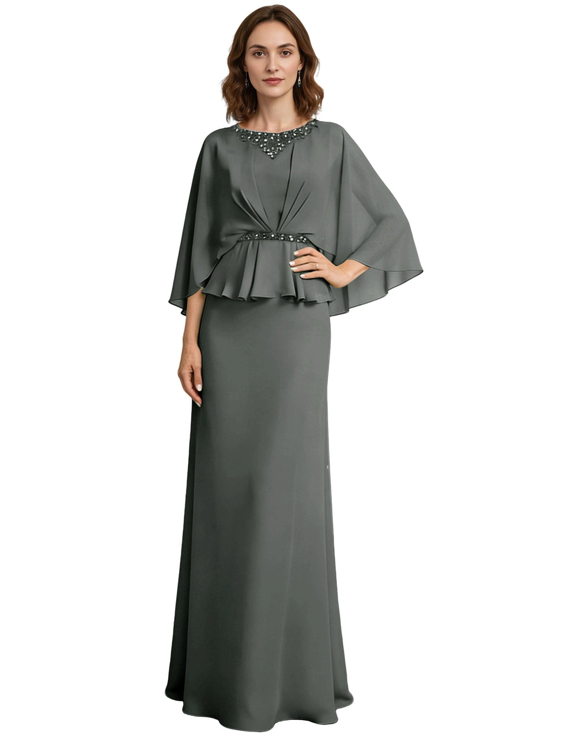 Green long formal dress with beaded neckline, capelet sleeves, and peplum drape