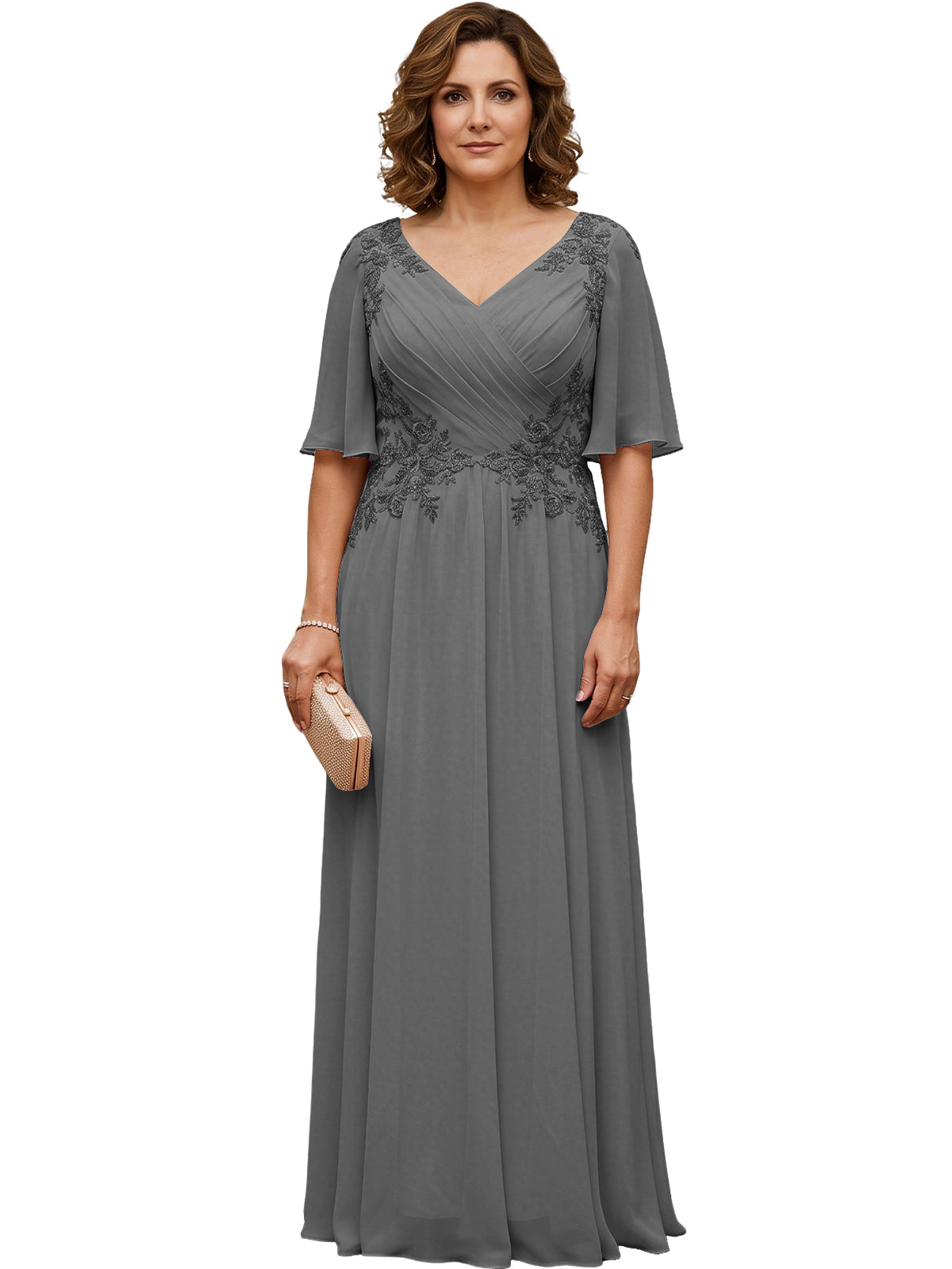Dark gray long chiffon A-line gown with V-neck, flutter sleeves, and beaded lace detail
