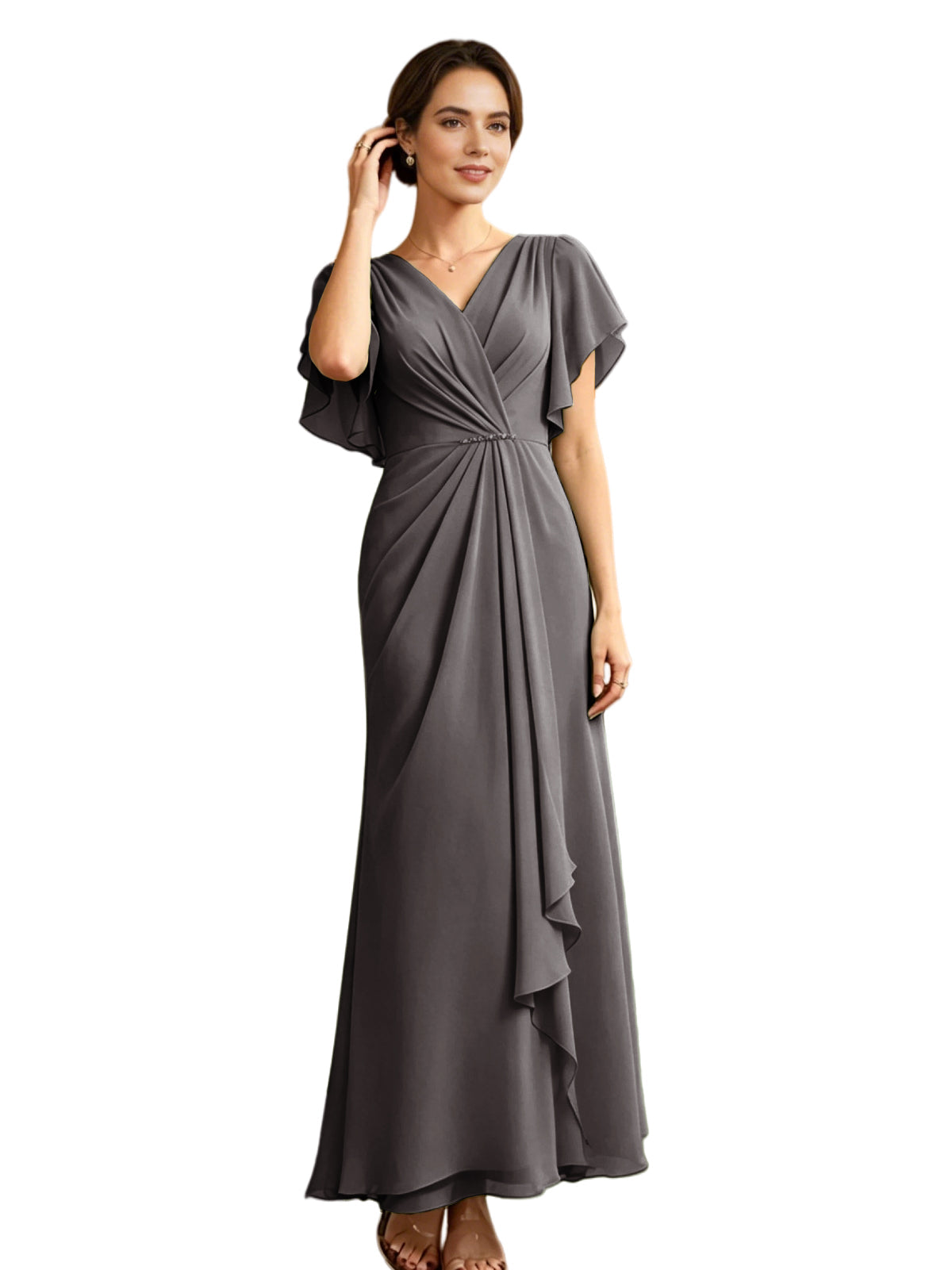 Charcoal gray chiffon V-neck mother-of-the-bride gown with flutter sleeves and draped waist
