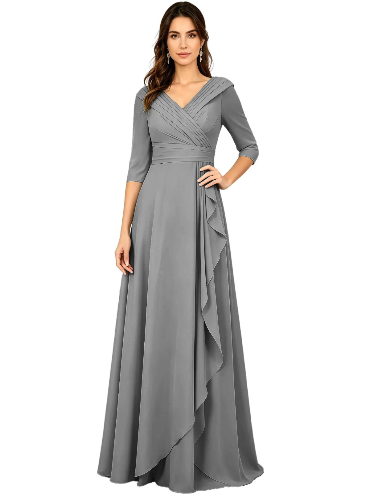 Long V-neck A-line chiffon gown, half sleeves, gray with side ruffle drape