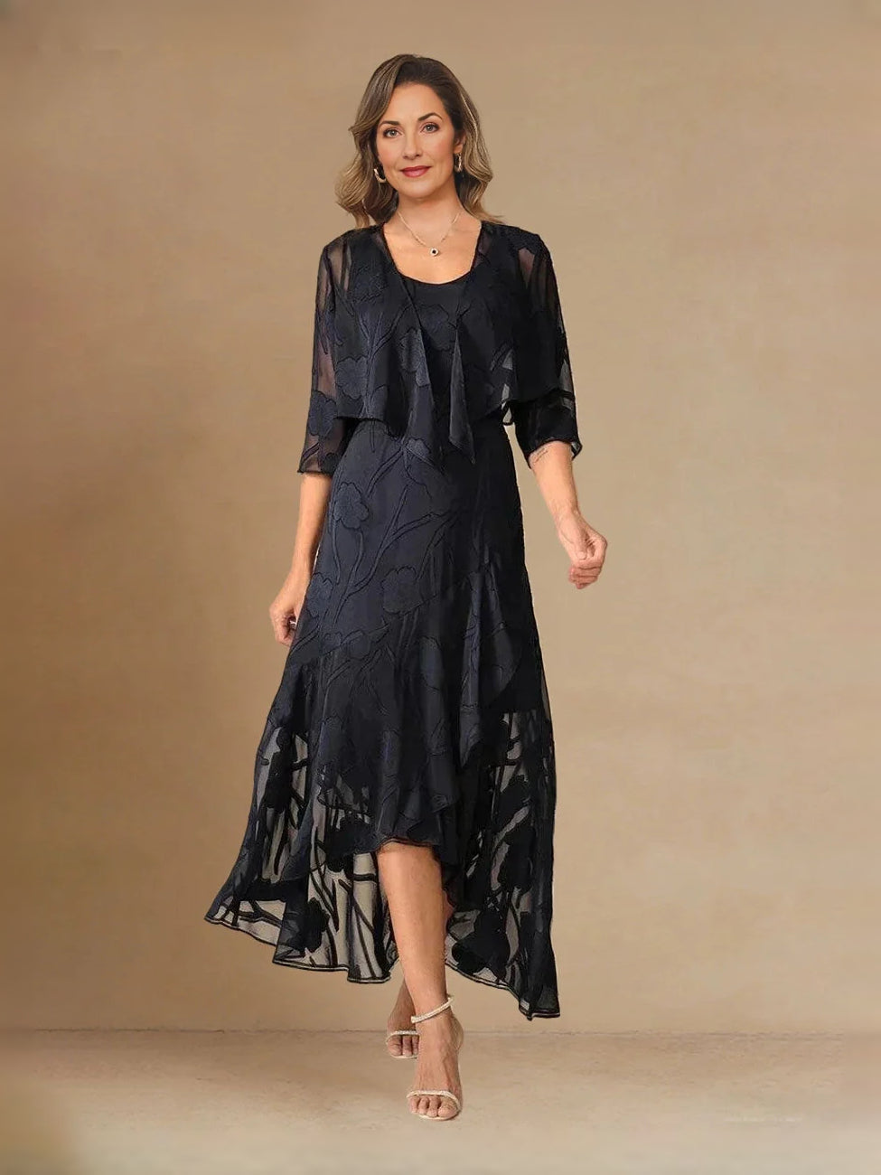 Dark navy floral chiffon midi dress with scoop neck and layered ruffle sleeves, A-line fit