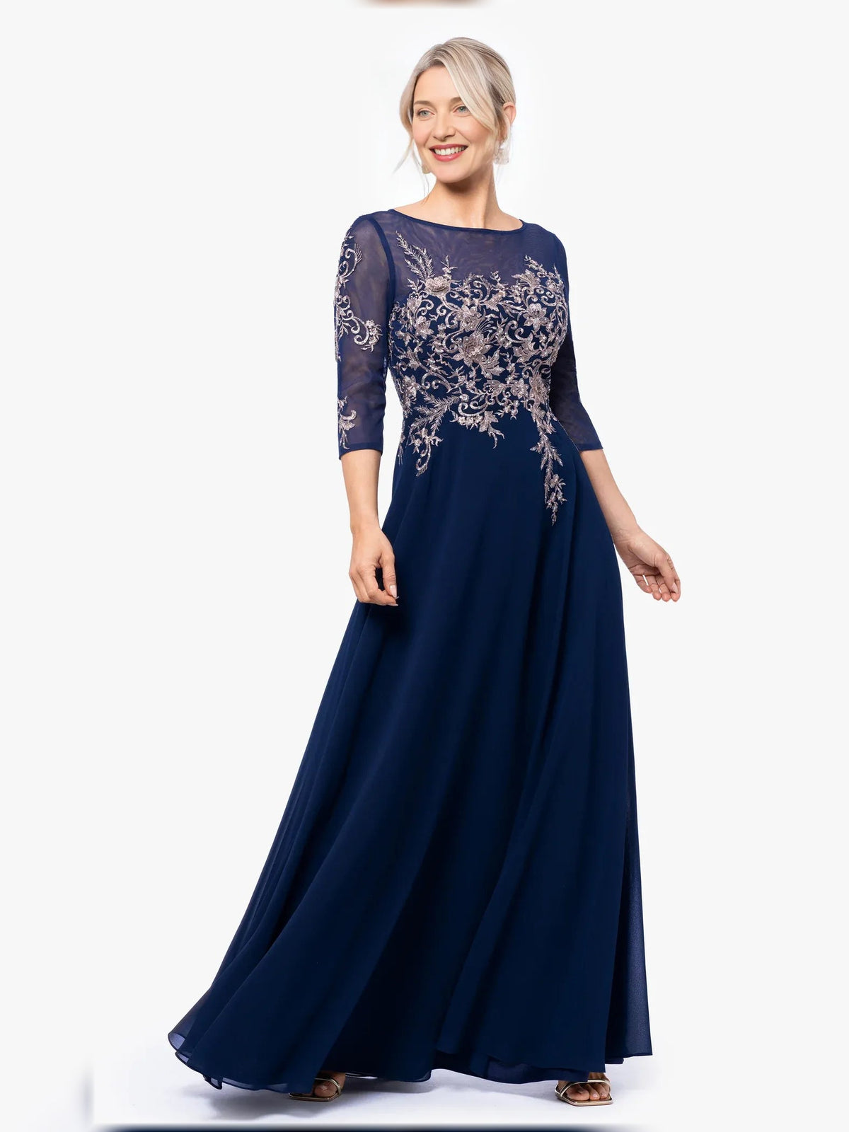 Dark navy floor-length chiffon dress with beaded illusion lace overlay, 3/4 sleeves