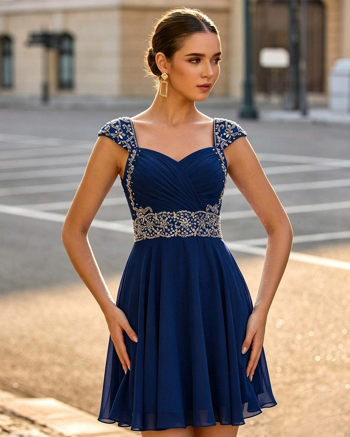 Navy ruched chiffon short dress with sweetheart neckline, beaded cap sleeves, pleated skirt