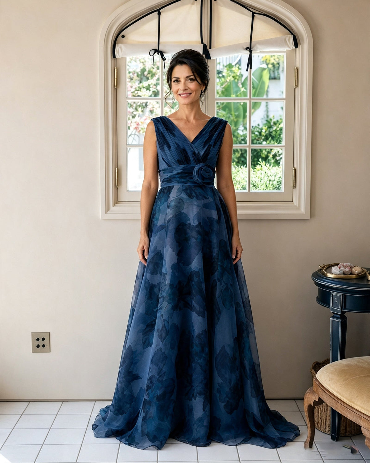 Floral-print chiffon V-neck mother of the bride dress, navy blue, rosette sash