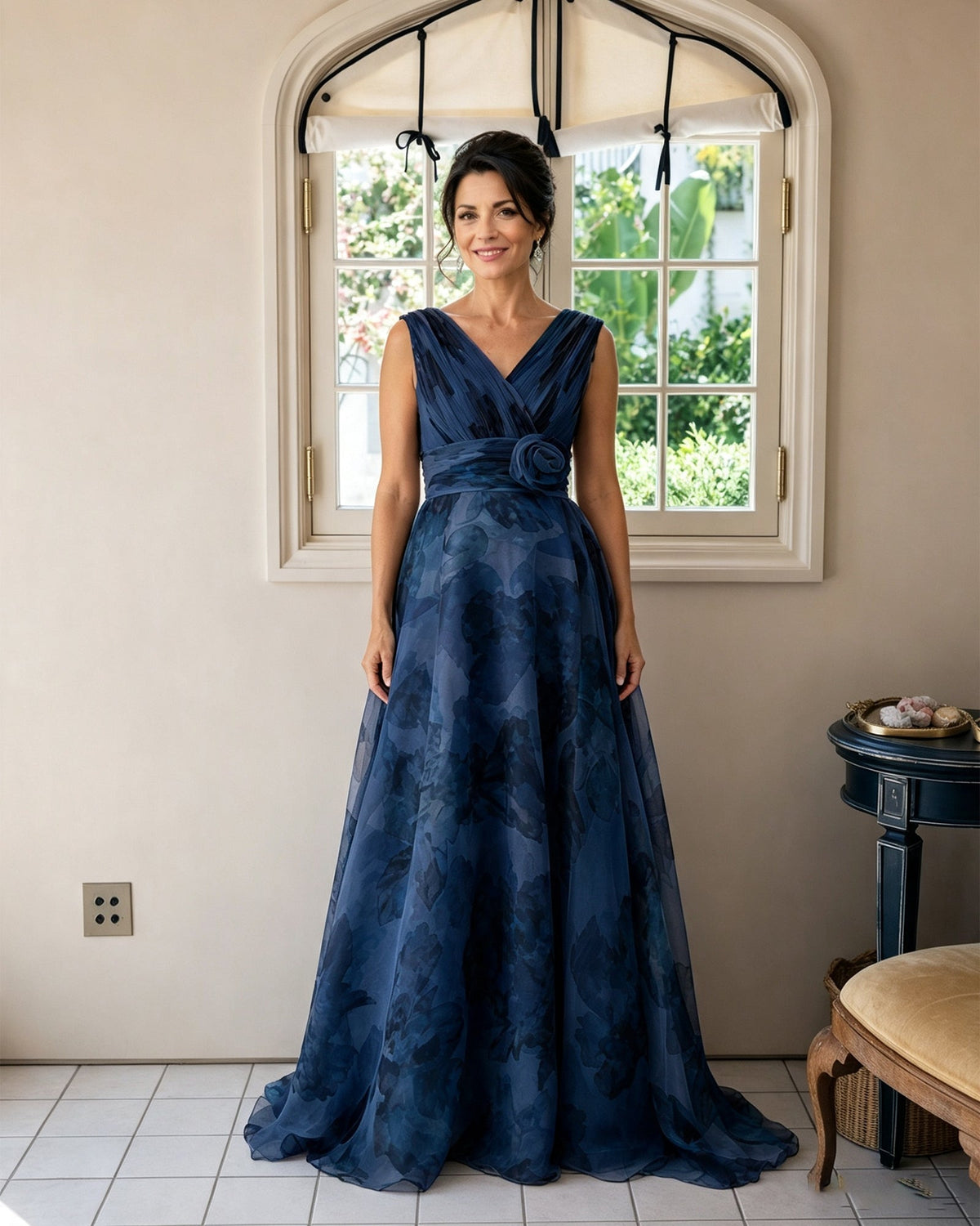 Floral-print chiffon V-neck mother of the bride dress, navy blue, rosette sash