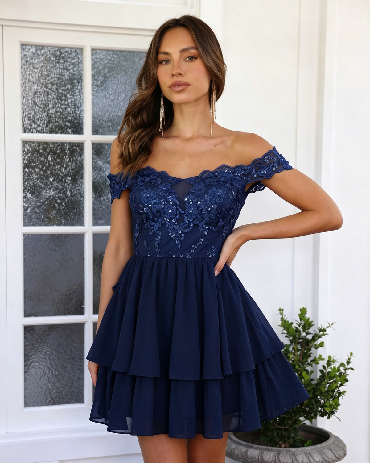 Navy off-shoulder lace A-line homecoming dress with tiered skirt