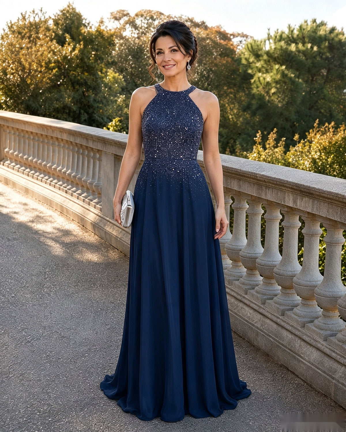 Navy halter neck sequin chiffon A-line mother-of-the-bride dress, floor-length