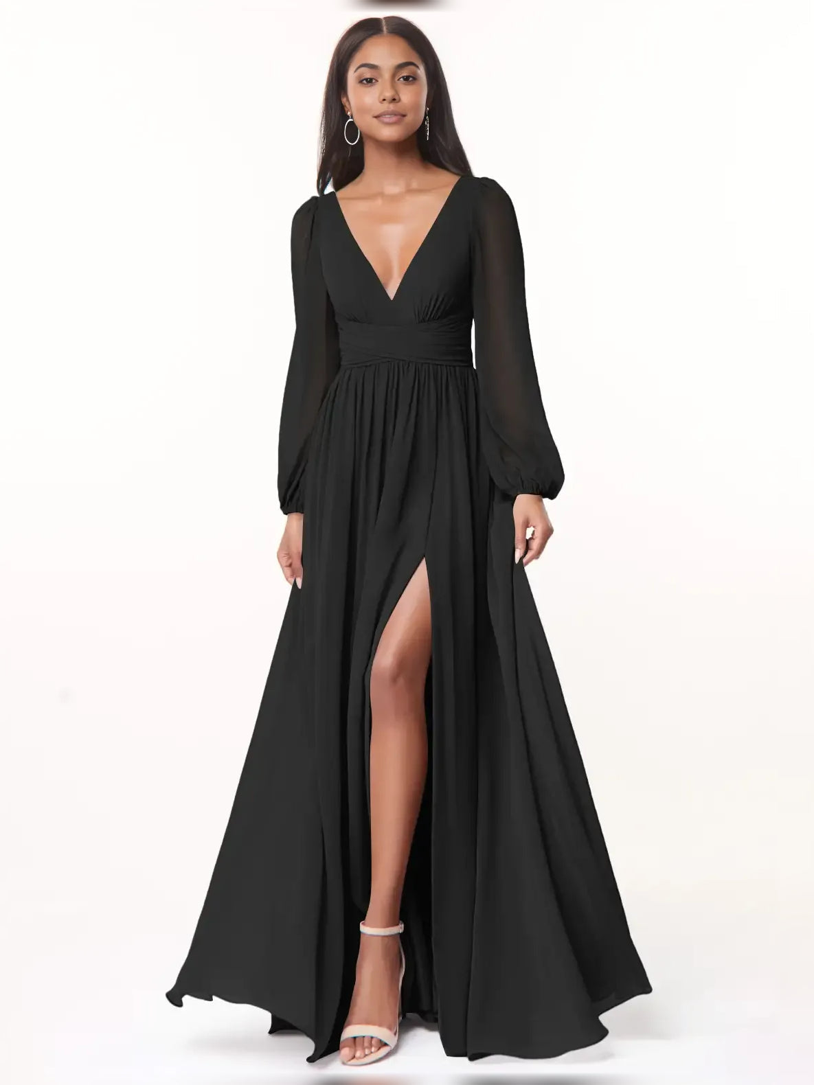Black slit A-line bridesmaid dress with plunging V-neck and long sleeves